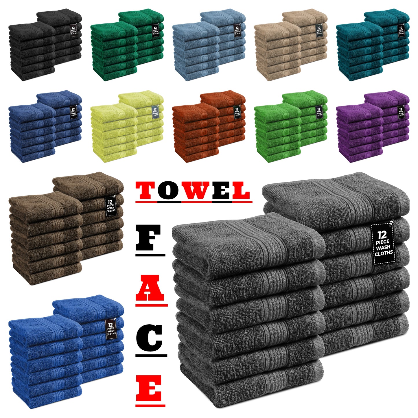 12x Face Cloths Flannels 100% Egyptian Cotton Washcloth Hotel Quality Towels Set