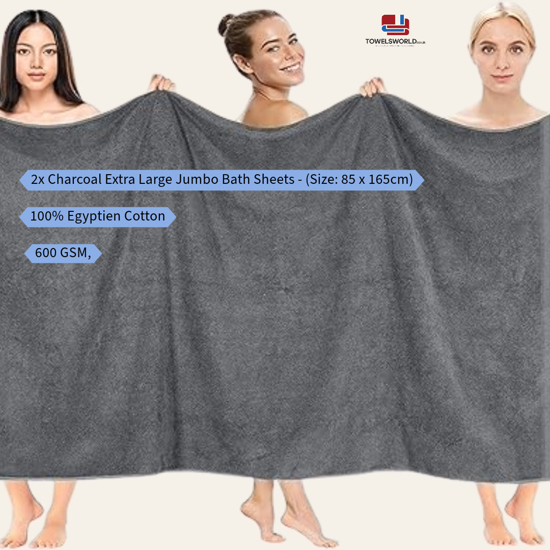 2x Charcoal Extra Large Jumbo Bath Sheets - (Size: 85 x 165cm)