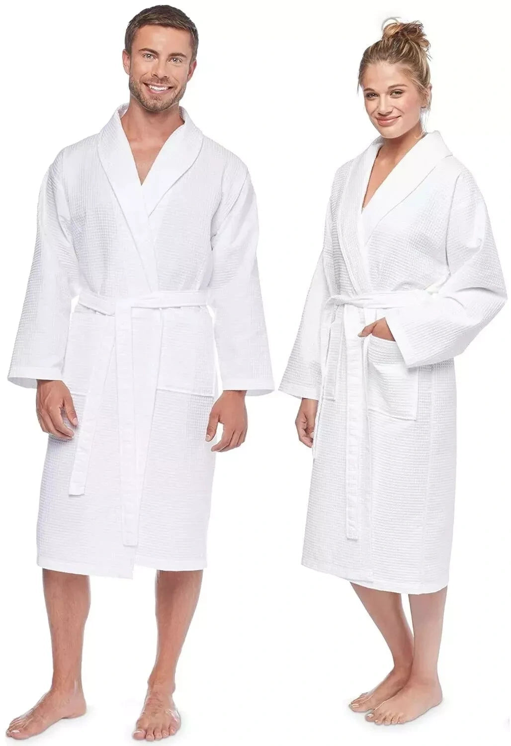 Luxury 100% Egyptian Cotton White Waffle Bathrobe with Shawl Collar and Pockets for All Genders