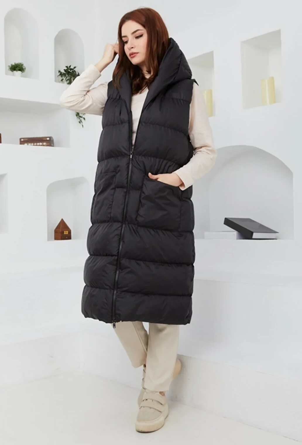 Ladies Womens Hooded Puffer Gilet Jacket Long Line Top Body Warmer Outwear S-5XL - Towelsbay