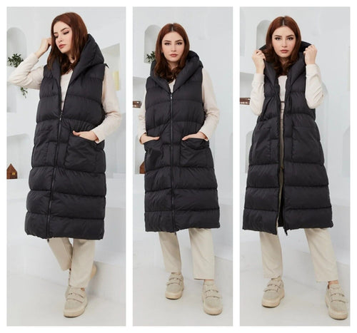 Ladies Womens Hooded Puffer Gilet Jacket Long Line Top Body Warmer Outwear S-5XL - Towelsbay