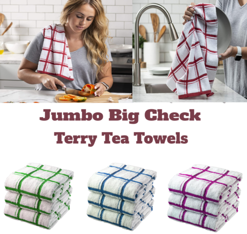 100% Cotton Terry Kitchen Towels Checkered Designed, Soft and Super 